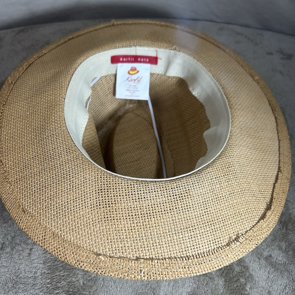 Karfil Hats Greece Woven Straw Fedora Sun Hat Beige Black Band Size M Medium - Picture 5 of 11